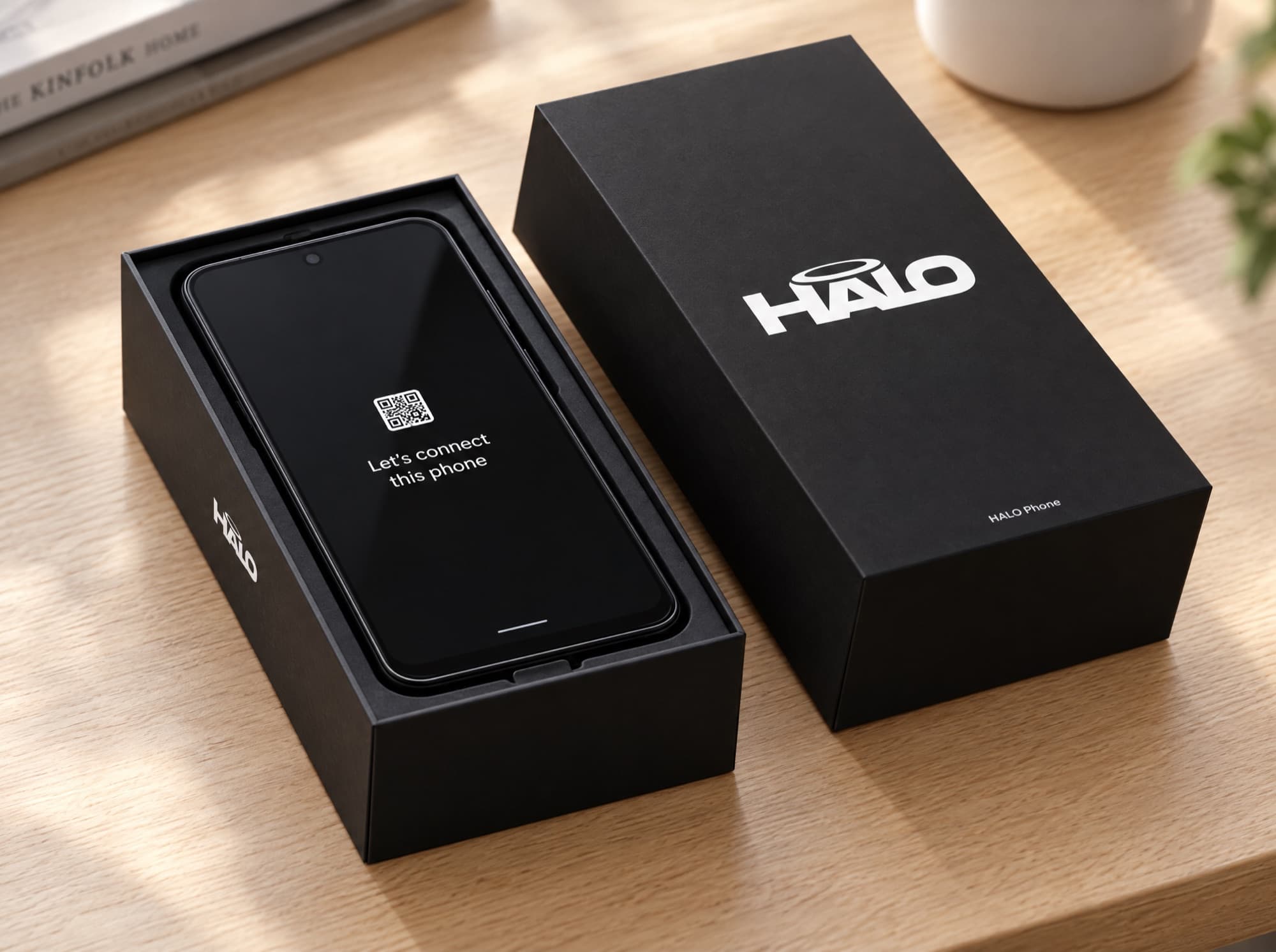 The HALO Phone box open on a table: the phone inside shows a code and the words “Let’s connect this phone”